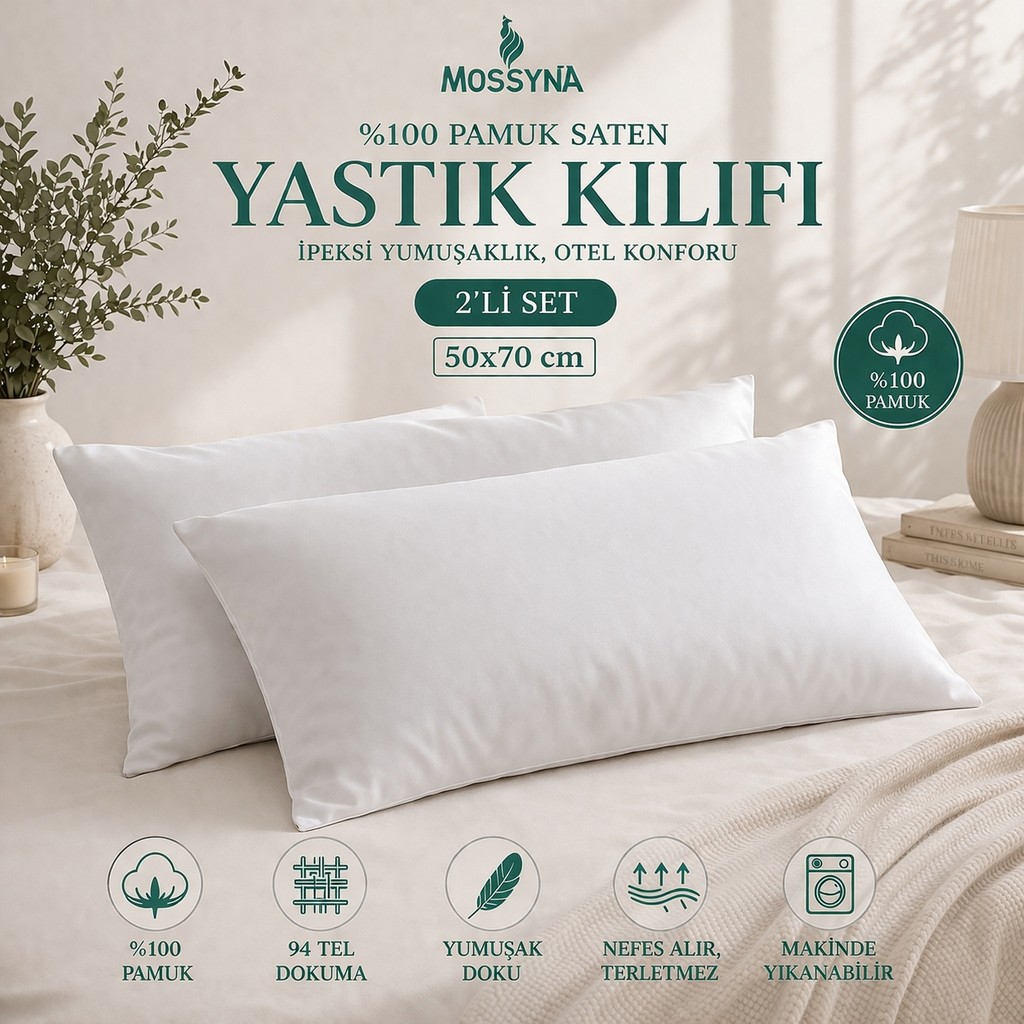 Mossyna %100 Pamuk Saten Yastık Kılıfı | 2'li Set | 50X70 | 94 Tel Dokuma | Terletmez | Yıkanabilir | Yumuşak Dokulu | Fermuarsız Kapaklı - Beyaz Yastık Kılıfı Fiyatı
