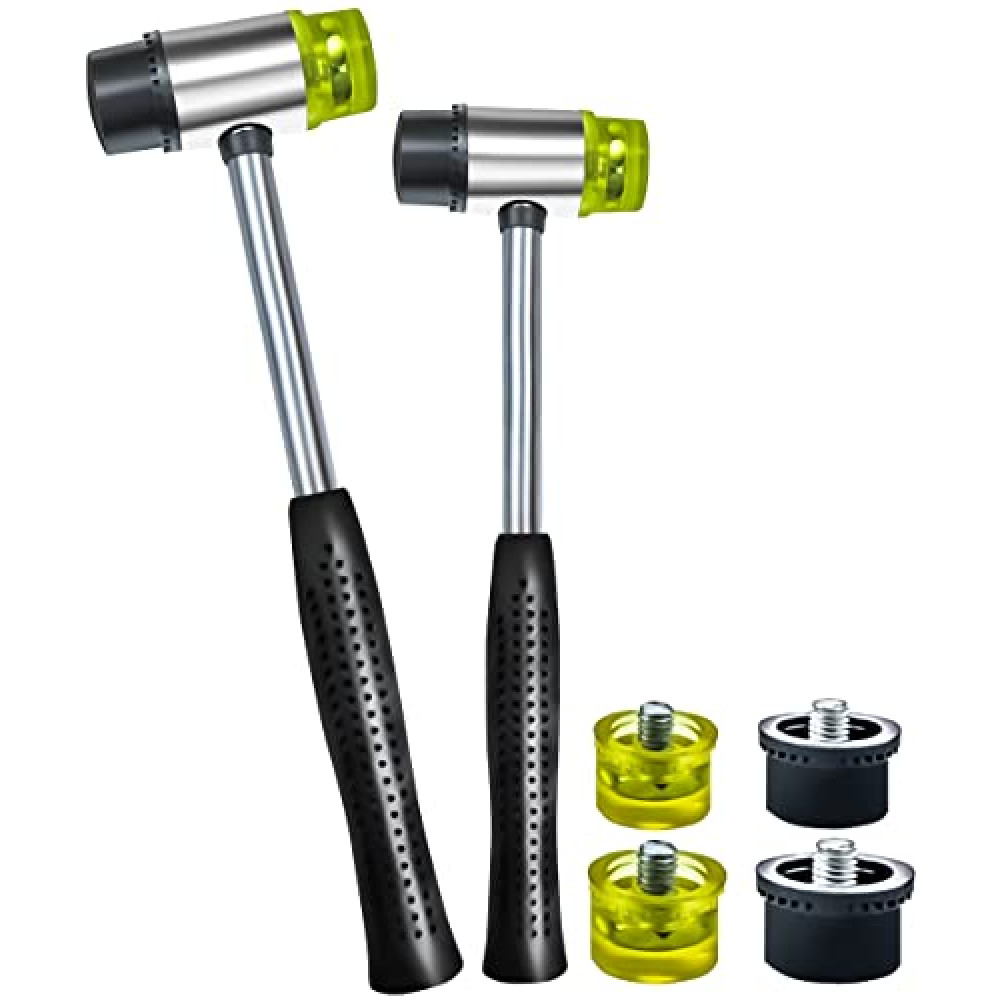 MotBach 2 Pack Double Head Plastic and Rubber Hammer, Double-Faced Soft Hammer(25mm and 35mm) with 4 Pcs Replacement Head(25mm and 35mm) for Jewelry, Leather Crafts, Wood, Flooring Installation