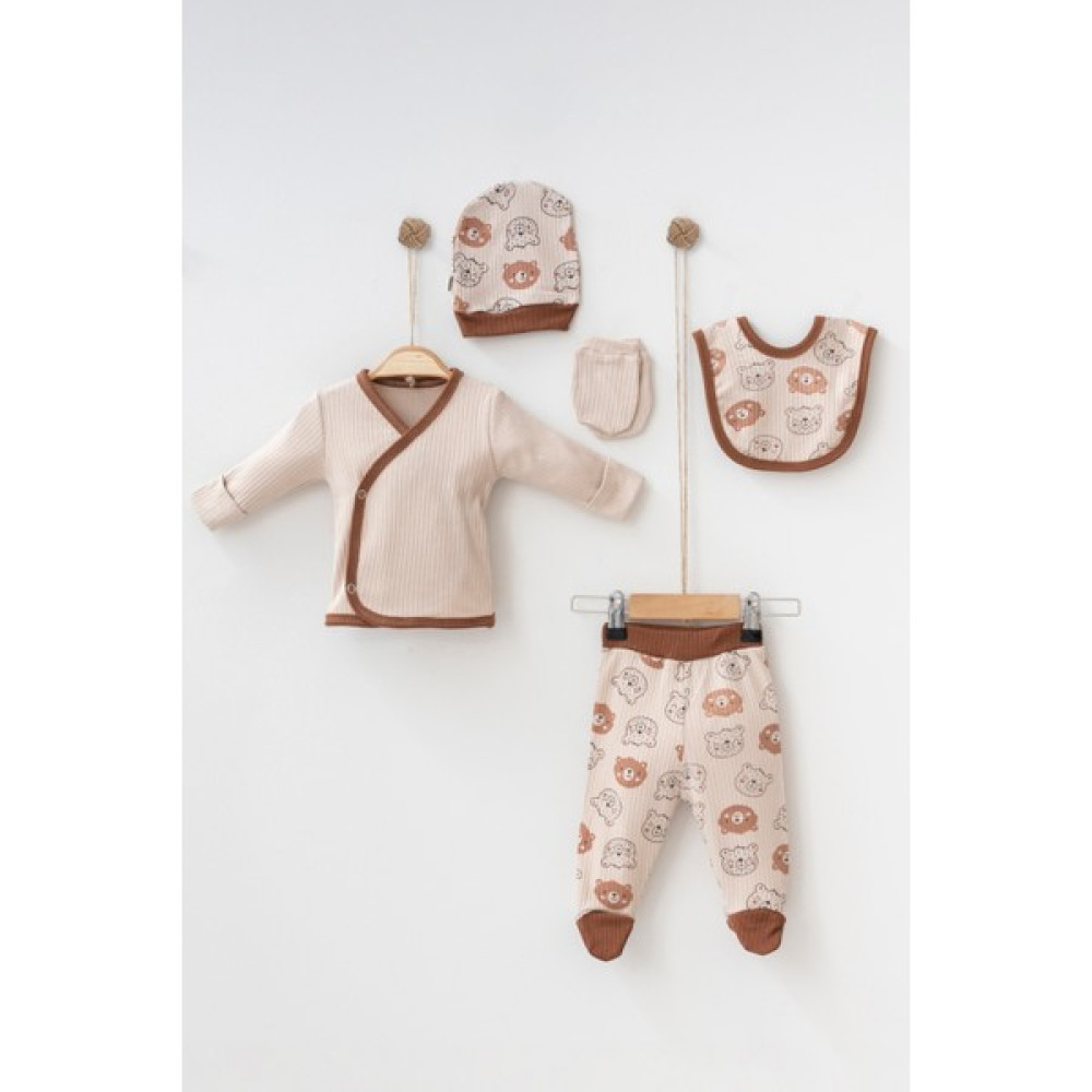 Mother Made Kahverengi Unisex Bebek %100 Pamuklu Yenidoğan Zıbın 5'li Hastane Çıkışı Seti Bebek Hastane Çıkışı Fiyatı
