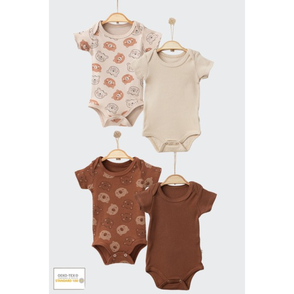 Mother Made Kısa Kollu Unisex Kahverengi 4 Adet Sevimli Ayıcık Baskılı Badi %100 Pamuklu Bebek Çıtçıtlı Zıbın Bebek Body Fiyatı