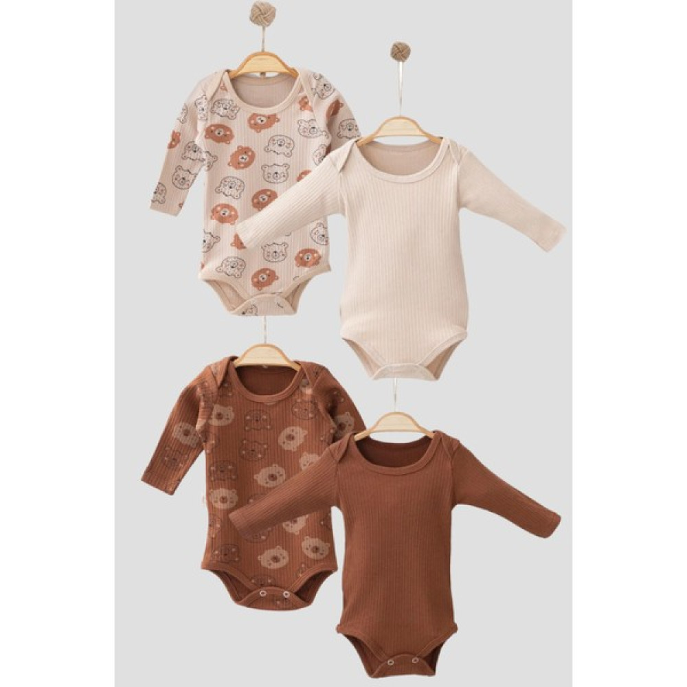 Mother Made Unisex Kahverengi 4 Adet Sevimli Ayıcık Baskılı Badi Pamuklu Bebek Uzun Kollu Çıtçıtlı Zıbın Bebek Body Fiyatı