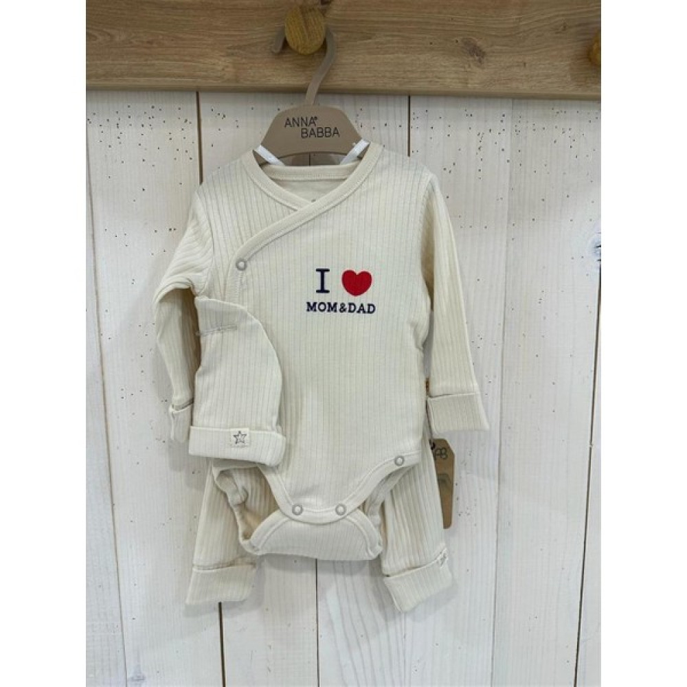 Mother Wings I Love Mom & Dad Çizgili Organik Kumaş 3'lü Unisex Bebek Şapka Zıbın Pantolon Takım Bebek Giysi Takım Fiyatı