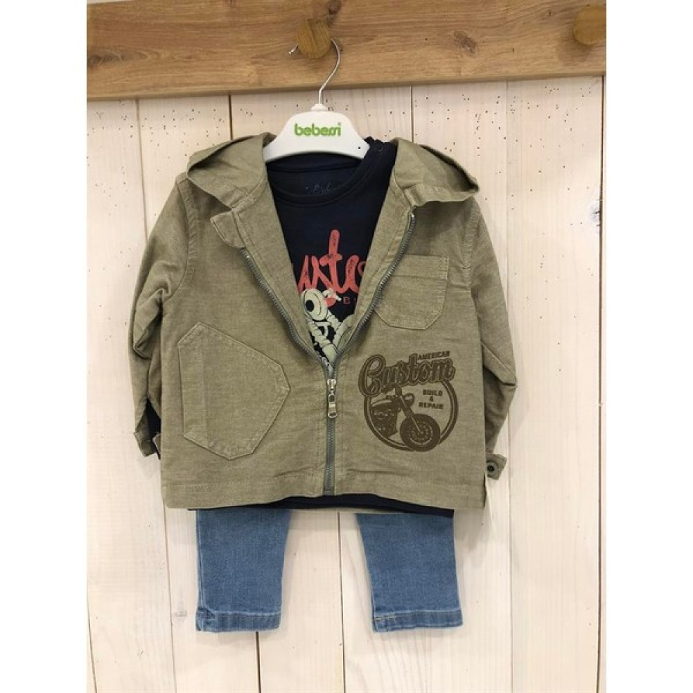 Mother Wings Motor Desenli 3'lü Erkek Çocuk Kapüşonlu Gabardin Ceket Uzun Kol Tişört Kot Pantolon Takım Bebek Giysi Takım Fiyatı