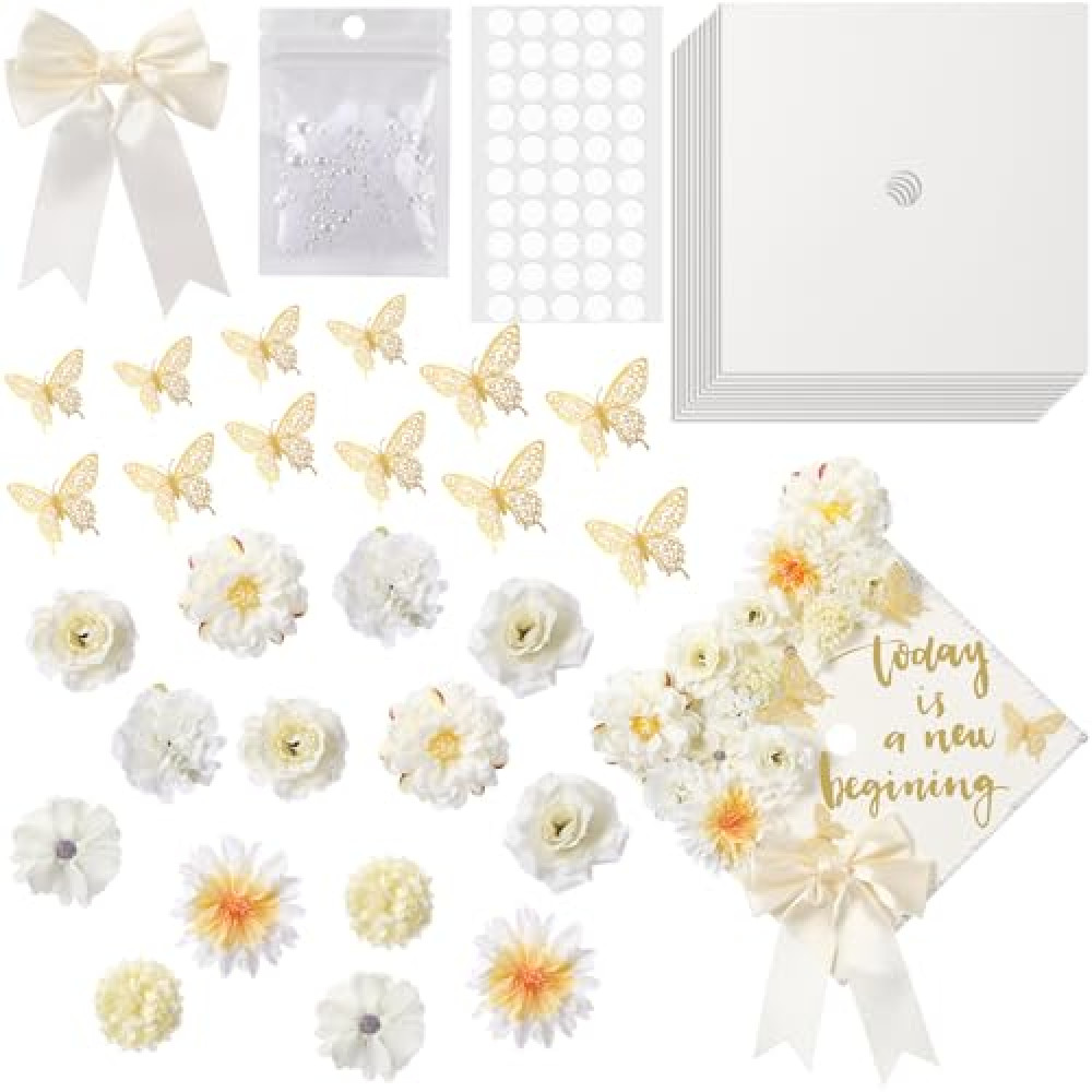 MotiMind 41 Pcs DIY Graduation Grad Cap Decoration Kit 12 Cream Construction Paper with Artificial Flower Heads 3D Butterfly Stickers Pearl Adhesive Dots Satin Bow for DIY Grad Cap Topper (White)