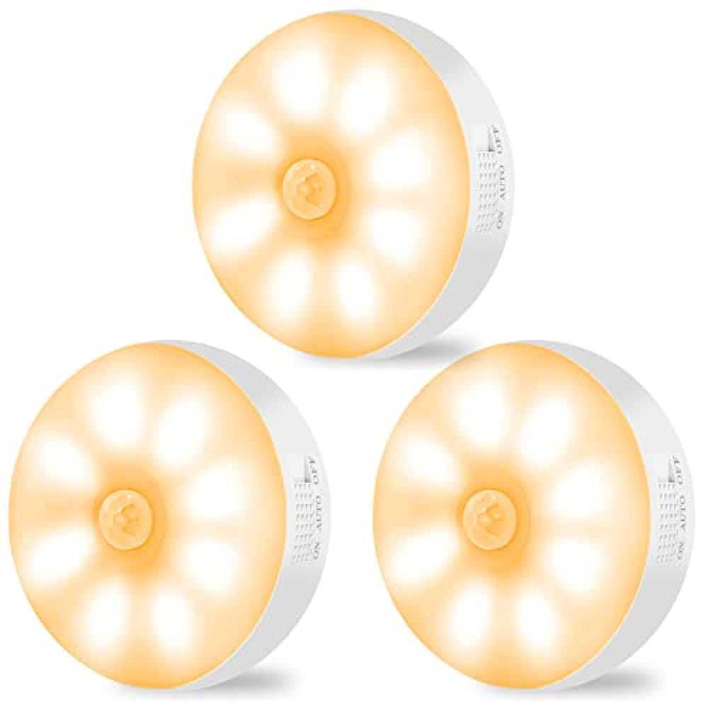Motion Sensor Lights Indoor Rechargeable Wireless Wall Light LED Stair Night Lights Lamps with Auto/On/Off for Stairs Living Room Bathroom Corridors Closet Kitchen Under Cabinets (6000K, 3 Pack)