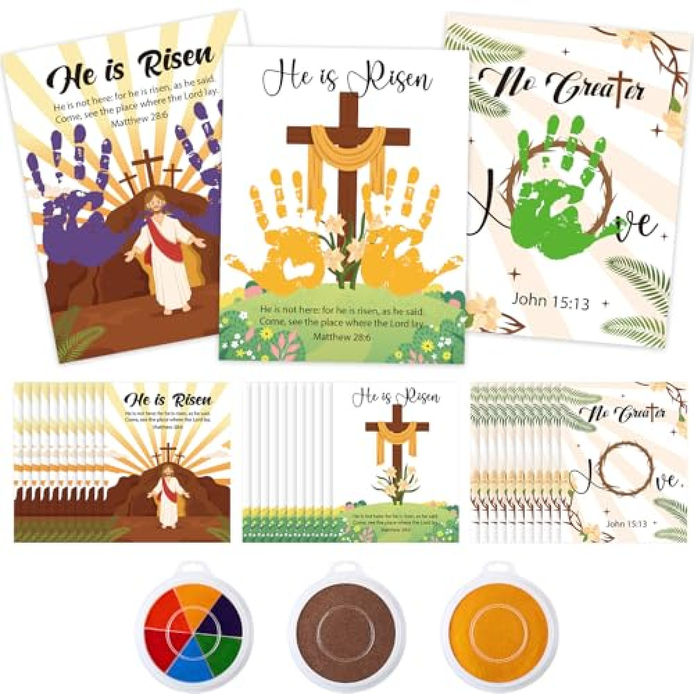 Motipuns 30 Pcs Easter Crafts for Kids Religious Christian Handprint Palm Sunday School Craft He is Risen Cards with 3 Pcs Large Ink Pads for Easter Sunday School Church Spring Activities Decorations