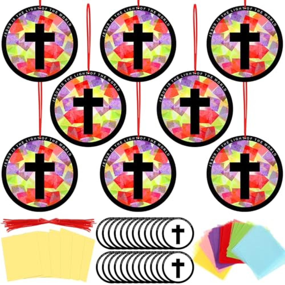 Motipuns 32 Sets Easter Cross Suncatchers Craft Kits DIY Christian Religious Cross Tissue Paper VBS Lent Craft Kit Stained Glass Effect Tissue Paper Kit for Sunday School Resurrection Window Art