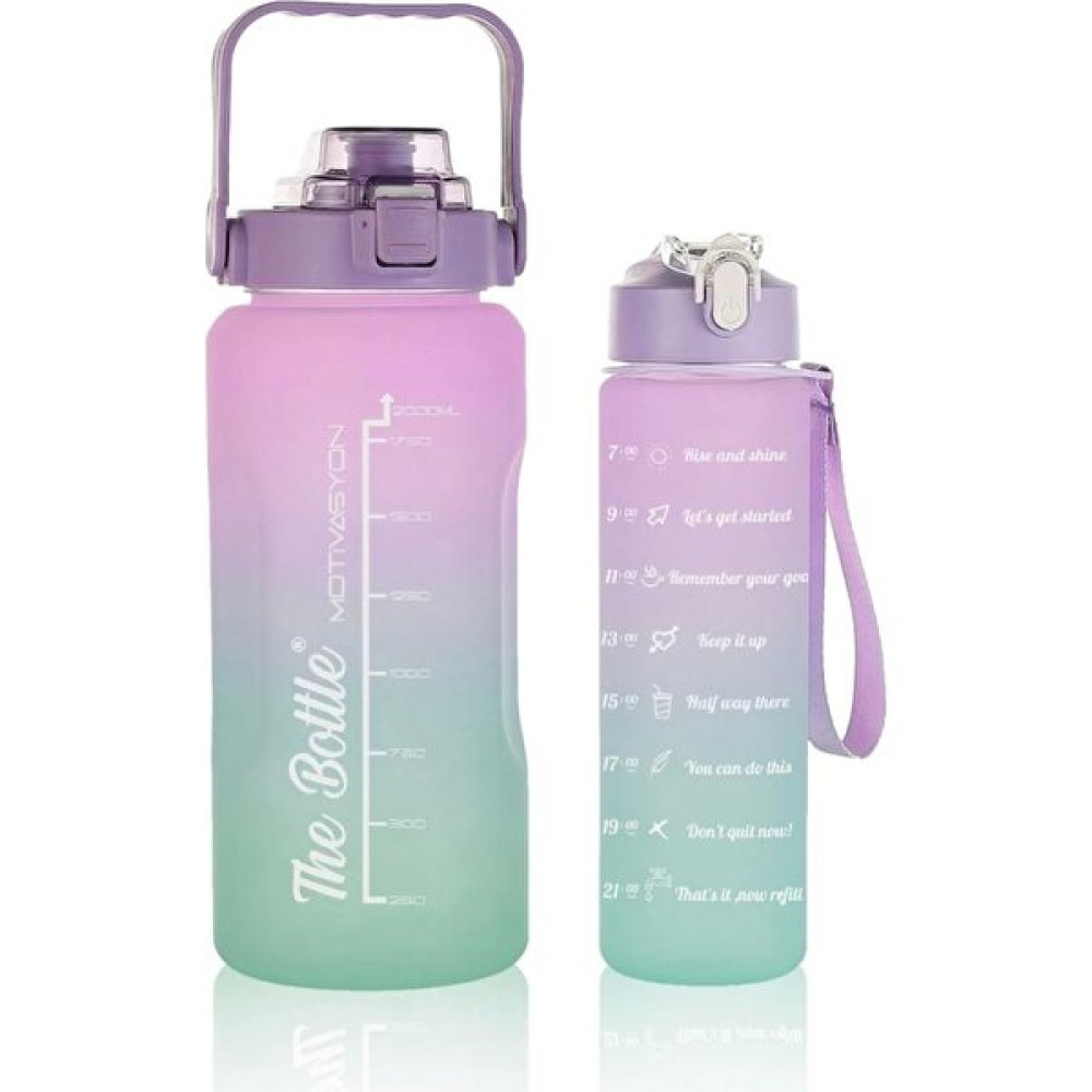Motivasyonel 2li Pipetli Stickerli Su Matarası Su Şişesi Suluk 2LT+900ML Yavrulu Tritan Su Şişesi Suluk Motivasyonset- - Mavi Suluk Fiyatı