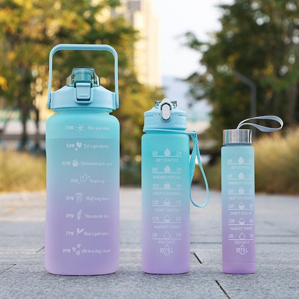 Motivasyonel 3lü Set Su Matarası Su Şişesi Suluk 2LT+900ML+600ML Tritan Spor Salonu Su Şişesi Suluk - Mavi Suluk Fiyatı