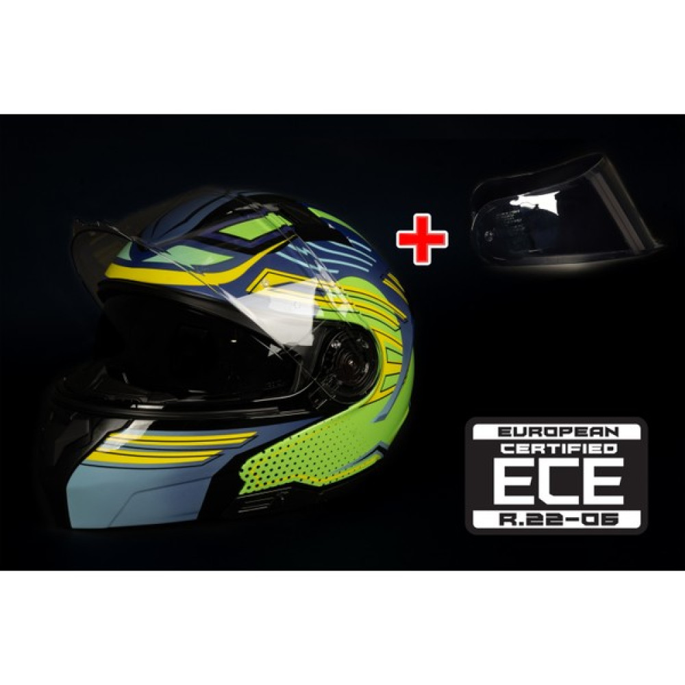 Moto Kalkan ECE R.22-06 Çene Açılır Kask - L - Mavi Desenli Motorsiklet Kaskları Fiyatı