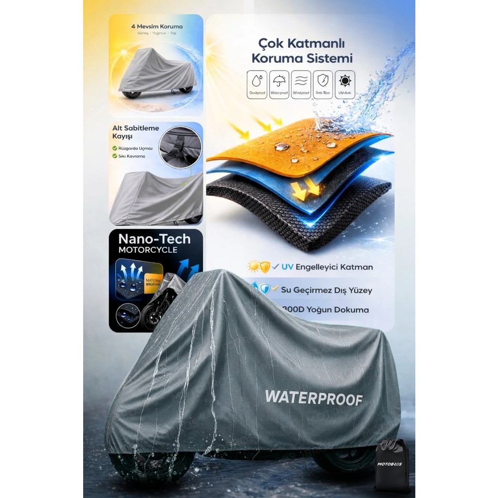 Motobros Motosiklet Brandası Universal Beden Ekstra Kalın Kumaş Su Geçirmez Toz-Güneş Korumalı Motor Brandası - L Motorsiklet Brandaları Fiyatı