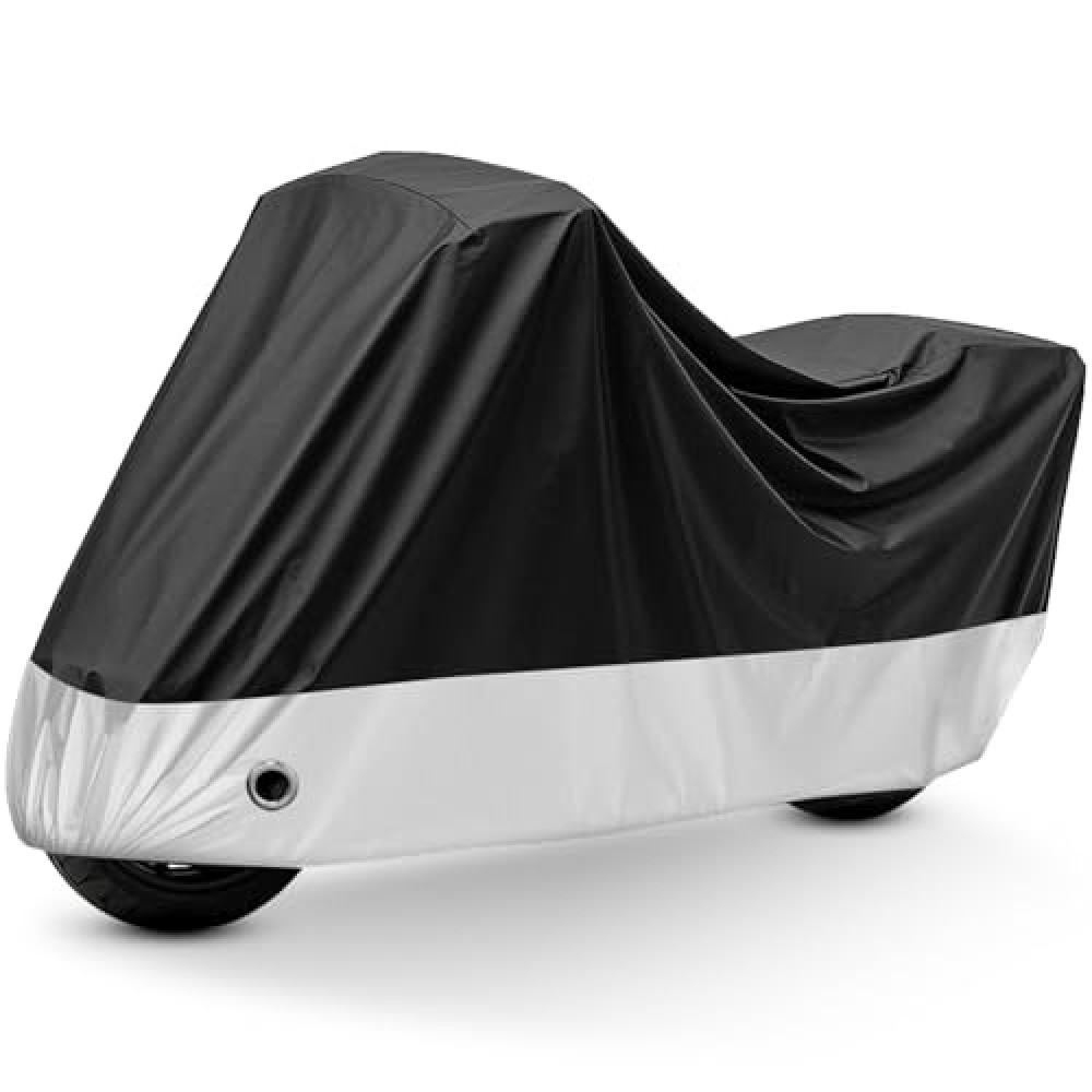 Motorcycle Cover Black All Season Waterproof Sun Outdoor Protection, Fits up to 91" Motorcycle Vehicle Cover (L Large & Lockholes & Storage Bag)