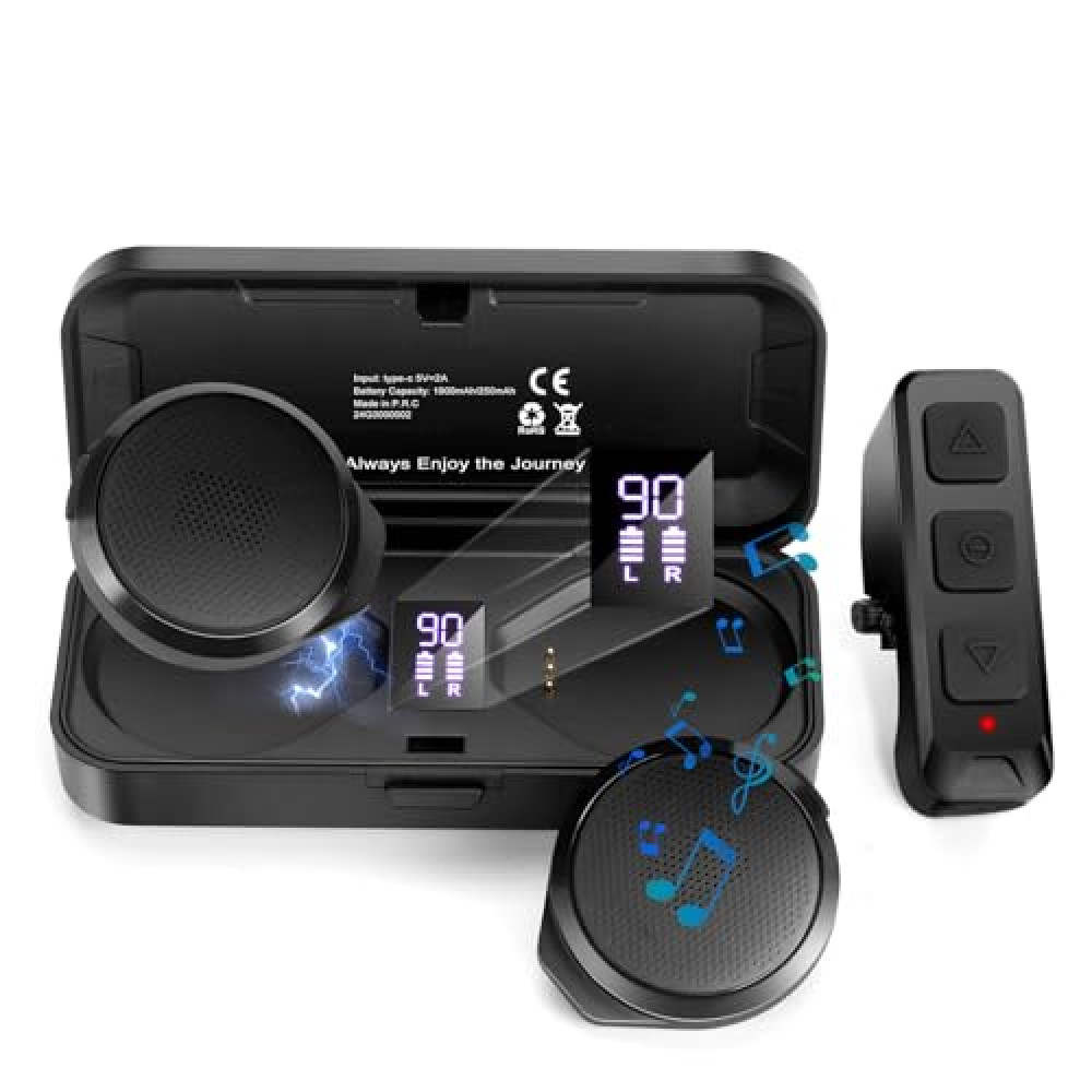 Motorcycle Helmet Headset with Remote Control - No Installation True Wireless Helmet Speakers with Charging Box, 50+ Hours Work Time Headsets LED Display for Outdoor Sports Skiing/Motorcycle/Climbing