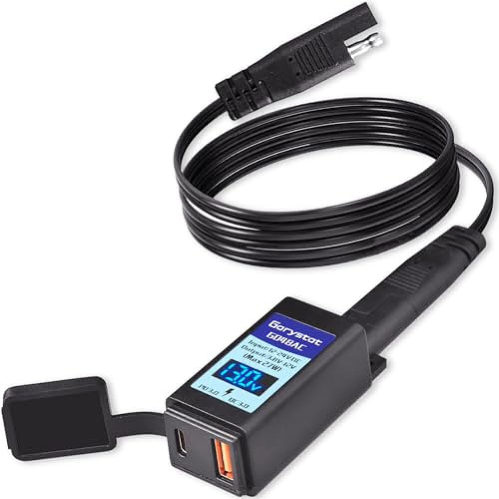 Motorcycle USB-C Charger, Garystat SAE to USB Adapter, 27W Dual Port USB Fast Charger with Voltmeter/Ammeter & ON/Off Switch, Perfect for Charging Phone, Tablet, GPS etc