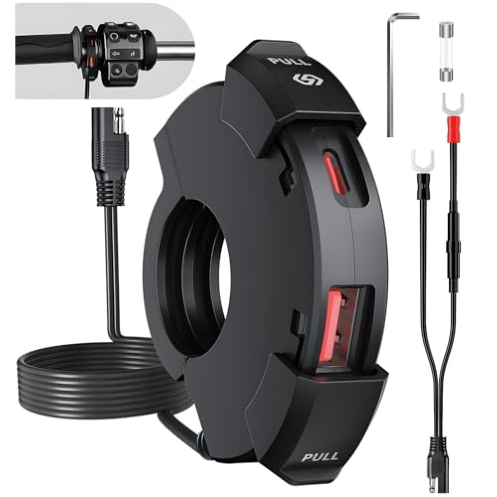 Motorcycle USB Charger, Ultra-Narrow PD30W & Quick Charge 3.0 Motorcycle Phone Charger, Dual Outer Port Waterproof SAE to USB Motorcycle Handlebar Charger for Phone, GPS, DC12-24V