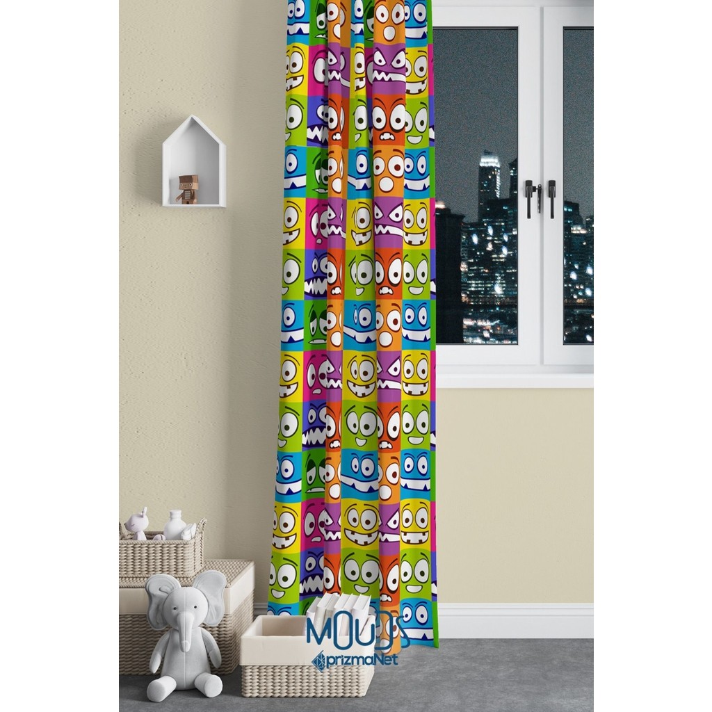 Moud's Funny Face Desenli Fon Perde Genç Odası Oturma Odası Süet Dijital Baskılı Ekstrafor Büzgü Tek Kanat - Renkli - 150 x 270 cm Perde Fiyatı
