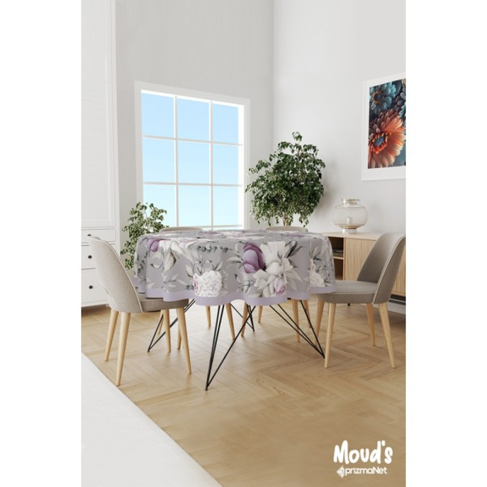 Moud's Gri Mor Çiçek Desenli Yuvarlak Süet Dertsiz Masa Örtüsü - Renkli - 140 x 140 cm Masa Örtüsü Fiyatı