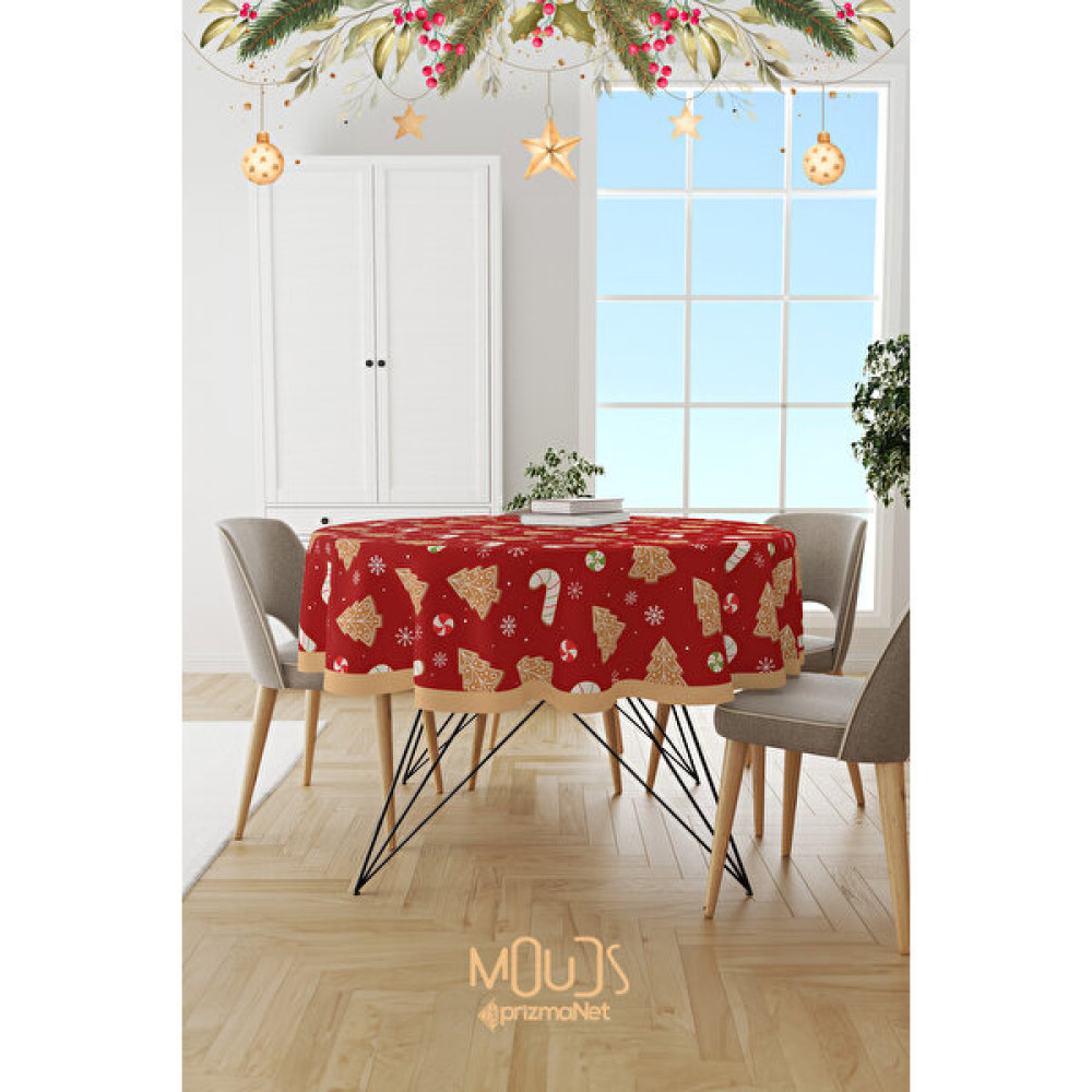 Moud's Kırmızı Yılbaşı Kurabiyeleri Desenli Yuvarlak Süet Dertsiz Masa Örtüsü - Renkli - 155 x 155 cm Masa Örtüsü Fiyatı