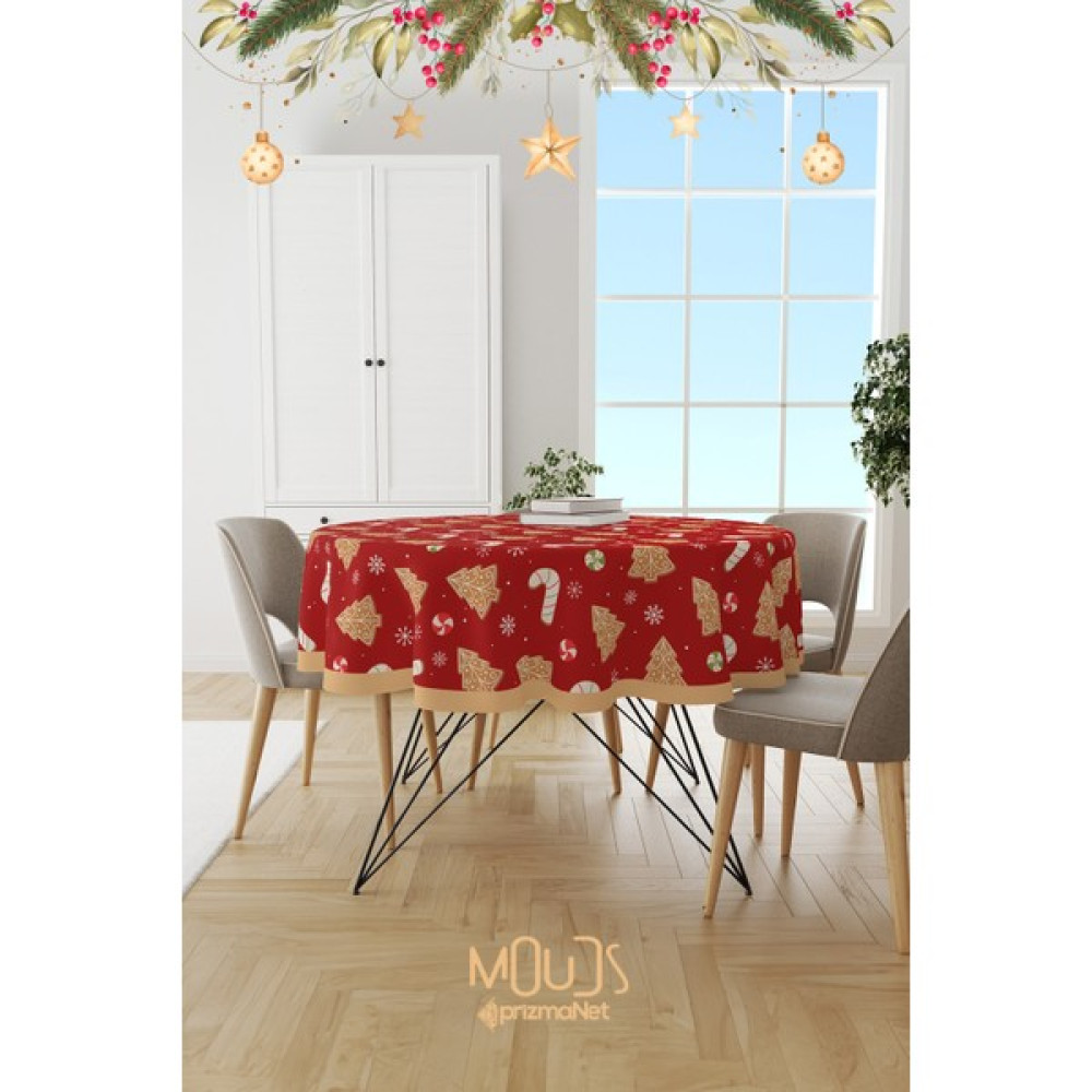 Moud's Kırmızı Yılbaşı Kurabiyeleri Desenli Yuvarlak Süet Dertsiz Masa Örtüsü - Renkli - 80 x 80 cm Masa Örtüsü Fiyatı
