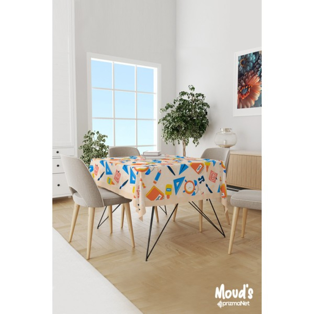 Moud's Krem Defter Kalem Cetvel Desenli Süet Dertsiz Masa Örtüsü - Renkli - 100 x 140 cm Masa Örtüsü Fiyatı