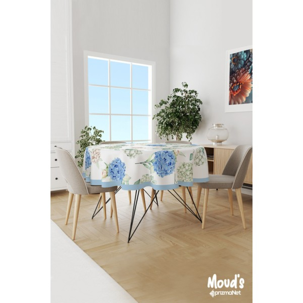 Moud's Yeşil Mavi Çiçek Desenli Yuvarlak Süet Dertsiz Masa Örtüsü - 80 x 80 cm - Renkli Masa Örtüsü Fiyatı