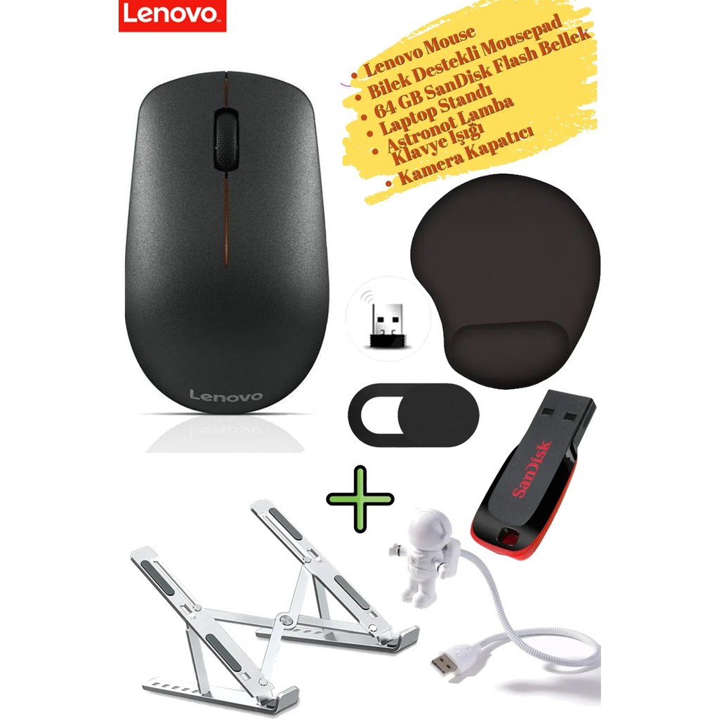 Mouse Kablosuz GY50R91293 Kamera Kapatıcı Laptop Standı, Mousepad, Klavye Lambası 64 GB Flash Bellek - Siyah - Siyah Laptop Standı Fiyatı