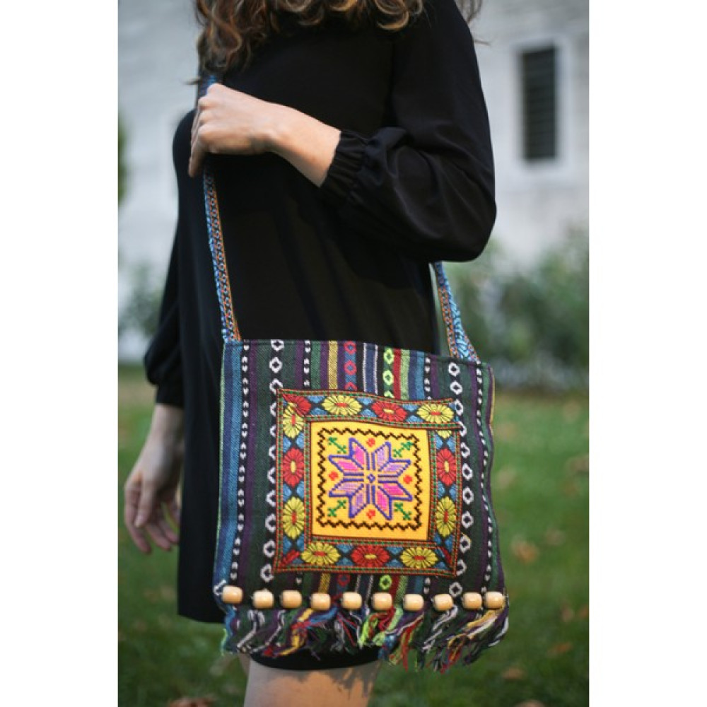 Mouve Retro Etnik Desenli Omuz Çantası, Postacı Hippi Çanta, Püskül Detaylı Çantası, Boho Tote Çanta Erkek Postacı Çanta Fiyatı