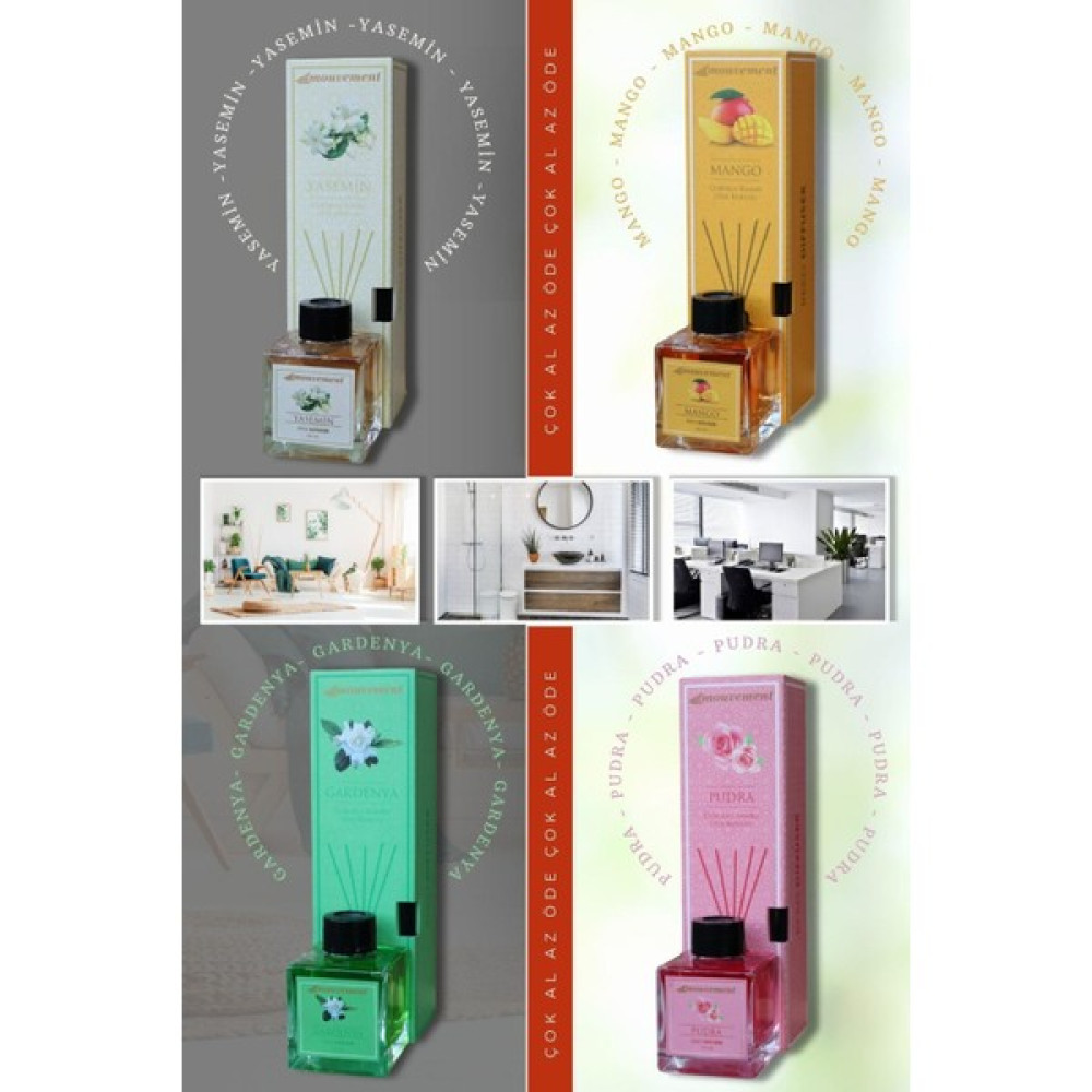 Mouvement 4'lü Çubuklu 100 ml Oda Kokusu Seti (Yasemin Pudra Mango Gardenya) Reed Diffuser Oda Kokusu Fiyatı