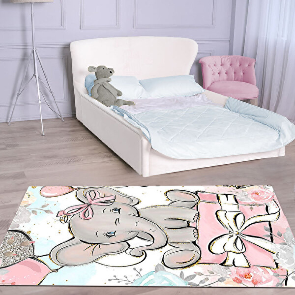 Movelti Home KD-181-Dijital Baskı Makinada Yıkanabilir Kaymaz Dot Taban Pembe Kız Çocuk ve Bebek Odası Halısı - 100 x 200 cm - Açık Pembe Bebek Odası Halı Fiyatı