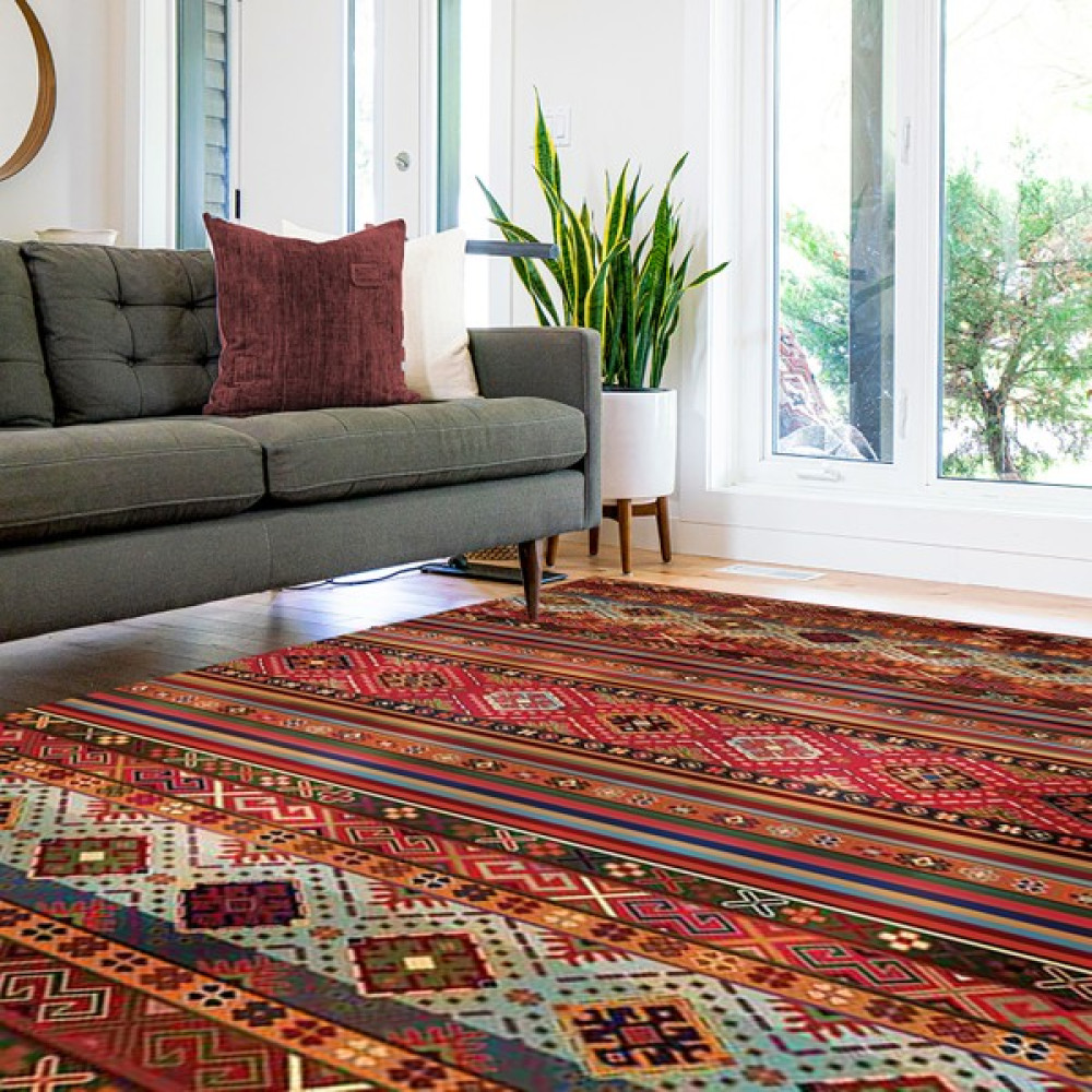 Movelti Home MDL-832 Dijital Baskı Makinada Yıkanılabilir Şönil Pamuk Dokuma Kilim Salon,oturma ve Yatak Odası Halısı - Kırmızı - 140 x 200 cm Kilim Fiyatı