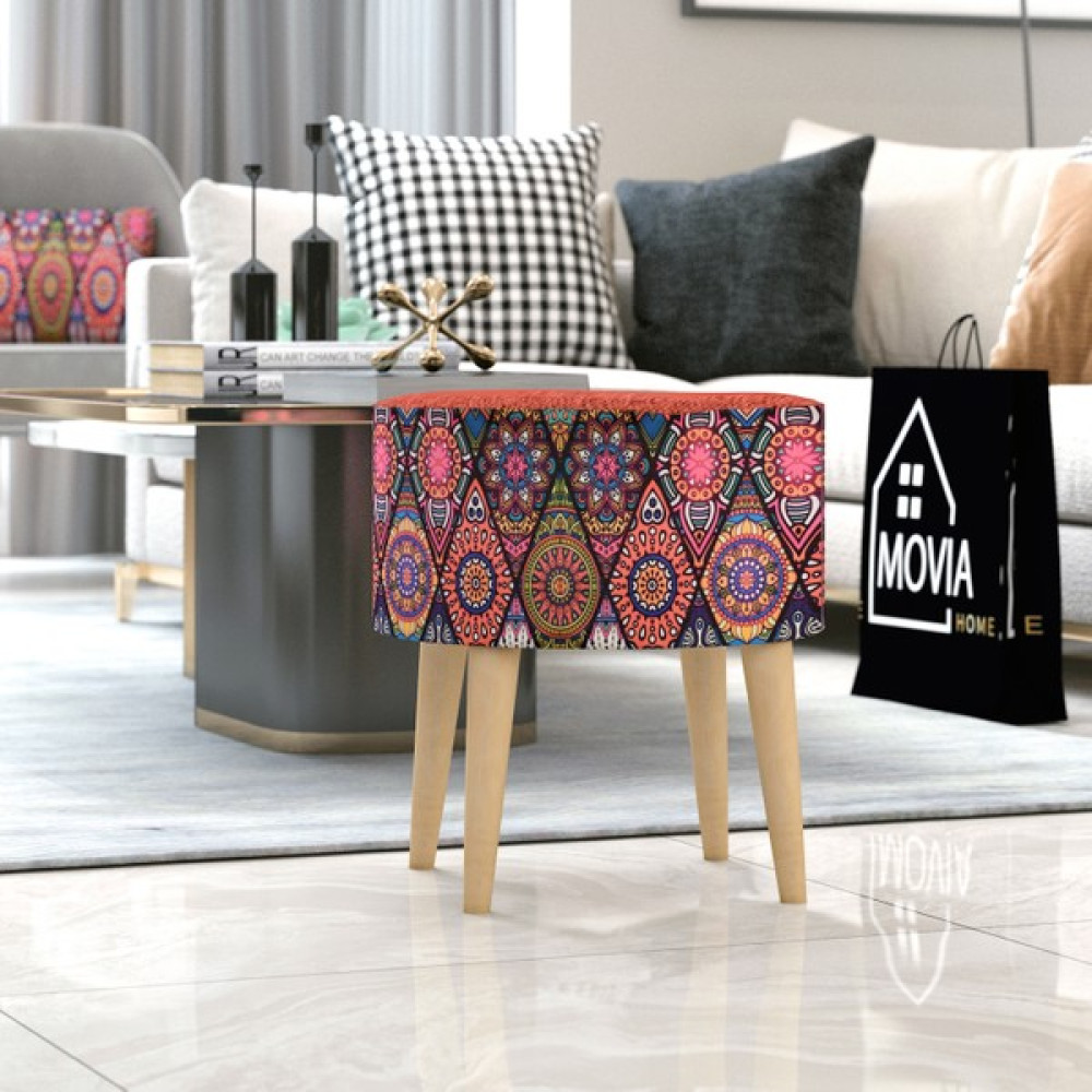 Movia Home Gürgen Retro Ahşap Ayaklı Dekoratif Etnik Üst Çiçek Desenli Silindir Puf Bench Koltuk Sandalye Puf Fiyatı