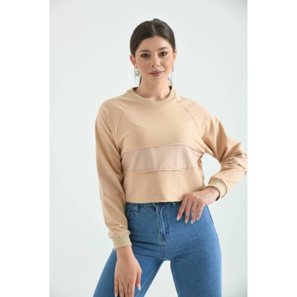Moviment Bej Crop Ince Örme Sweatshirt Bayan Sweatshirt Fiyatı