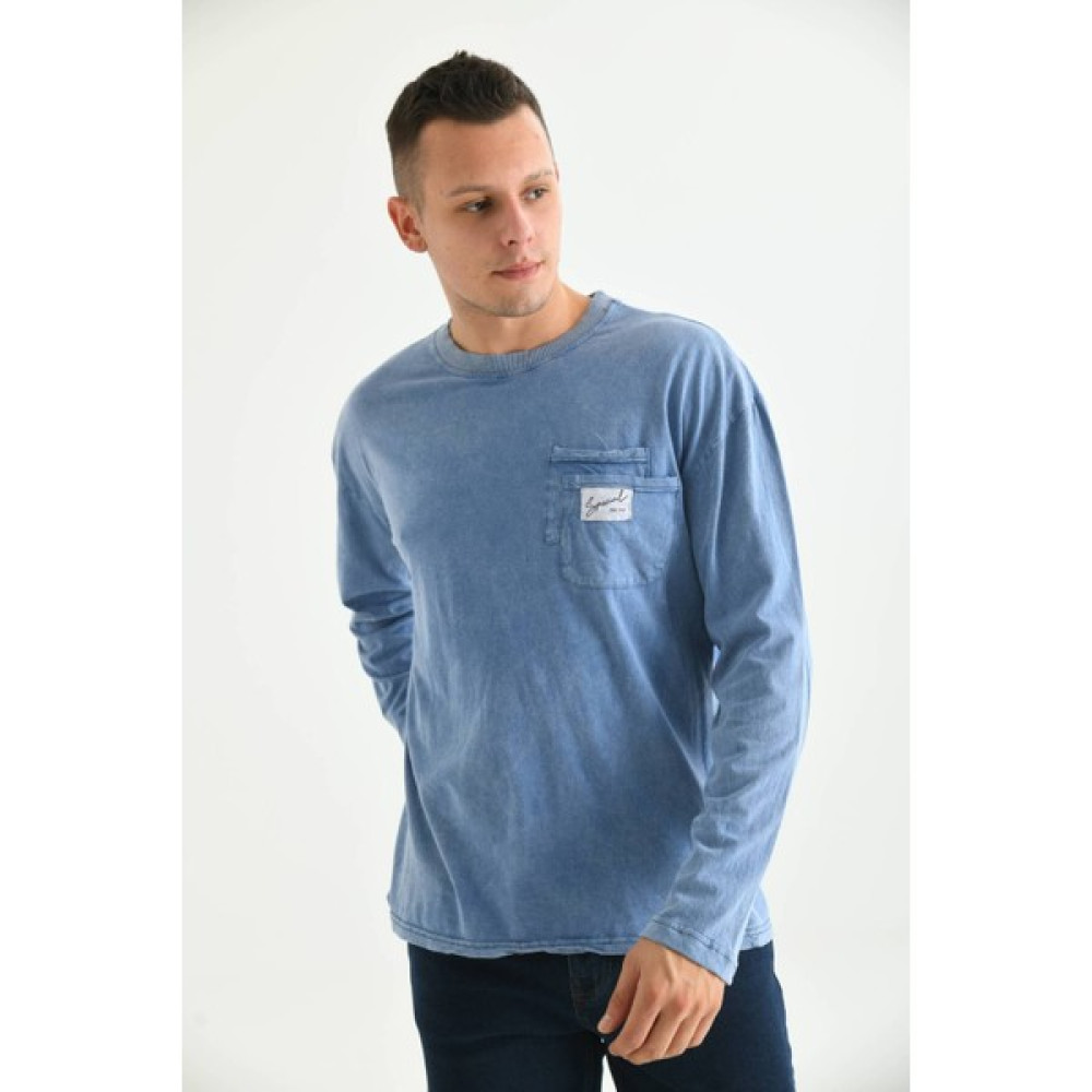 Moviment Erkek Indigo Special Baskı Asit Yıkamalı Cep Detay Uzun Kol T-Shirt Erkek T-shirt Fiyatı