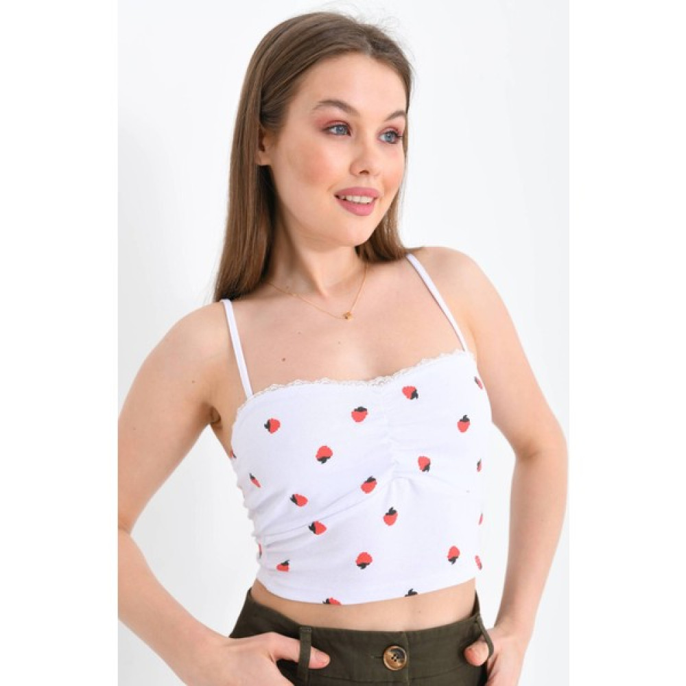 Moviment Kadın Beyaz Tül Detay Çilek Baskılı Askılı Crop Bluz Bluz Fiyatı