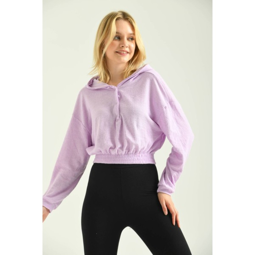 Moviment Lila Çıtçıt Detay Kapüşonlu Crop Havlu Kumaş Sweatshirt Bayan Sweatshirt Fiyatı