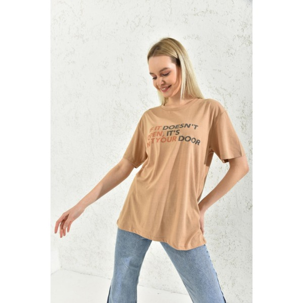 Moviment Sütlü Kahve Baskı Detay Bisiklet Yaka T-Shirt Bayan T-shirt Fiyatı