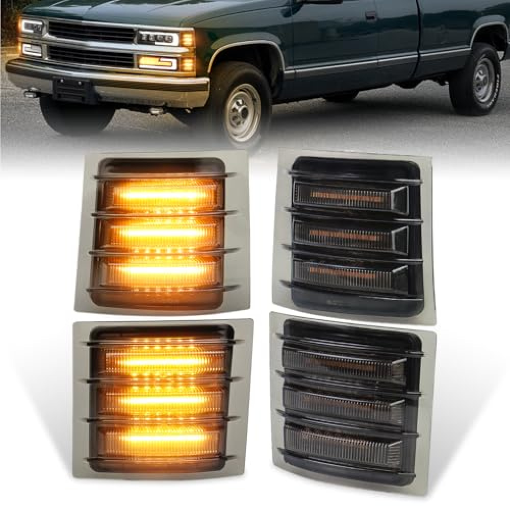 MOVOTOR LED Side Marker Lights with Amber Sequential Turn Signal Side Corner Lights Somked Lens Compatible with 1994-1998 Chevy C/K 1500 2500 3500 Suburban Silverado Tahoe Yukon