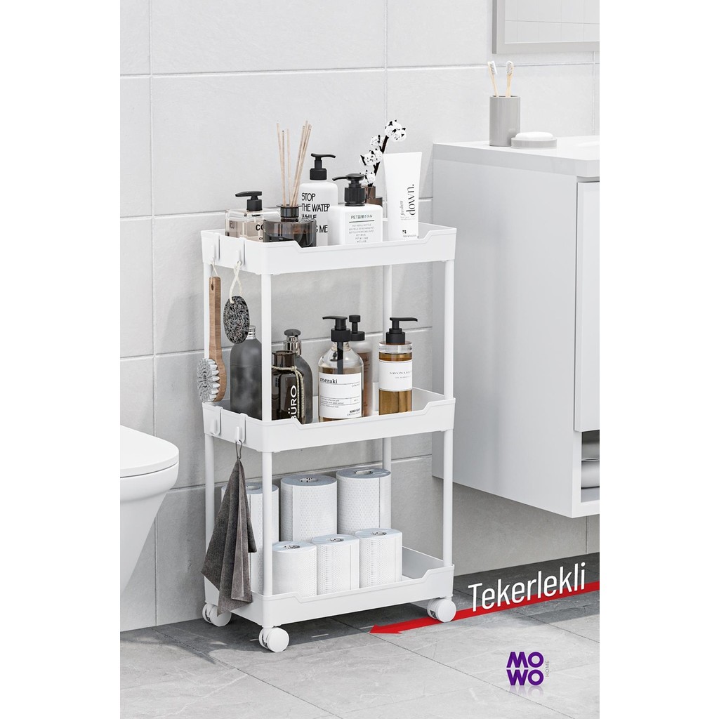 Mowo 3 Katlı Tekerlekli Banyo Rafı, Mutfak Rafı, Havluluk, Deterjanlık Makyaj Organizer - Beyaz El / Yüz Havlusu Fiyatı
