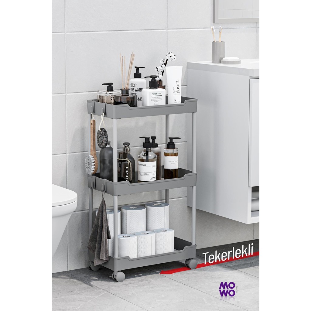 Mowo 3 Katlı Tekerlekli Banyo Rafı, Mutfak Rafı, Havluluk, Deterjanlık Makyaj Organizer - Gri El / Yüz Havlusu Fiyatı