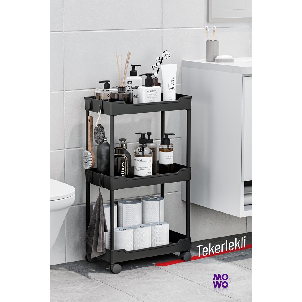 Mowo 3 Katlı Tekerlekli Banyo Rafı, Mutfak Rafı, Havluluk, Deterjanlık Makyaj Organizer - Siyah El / Yüz Havlusu Fiyatı