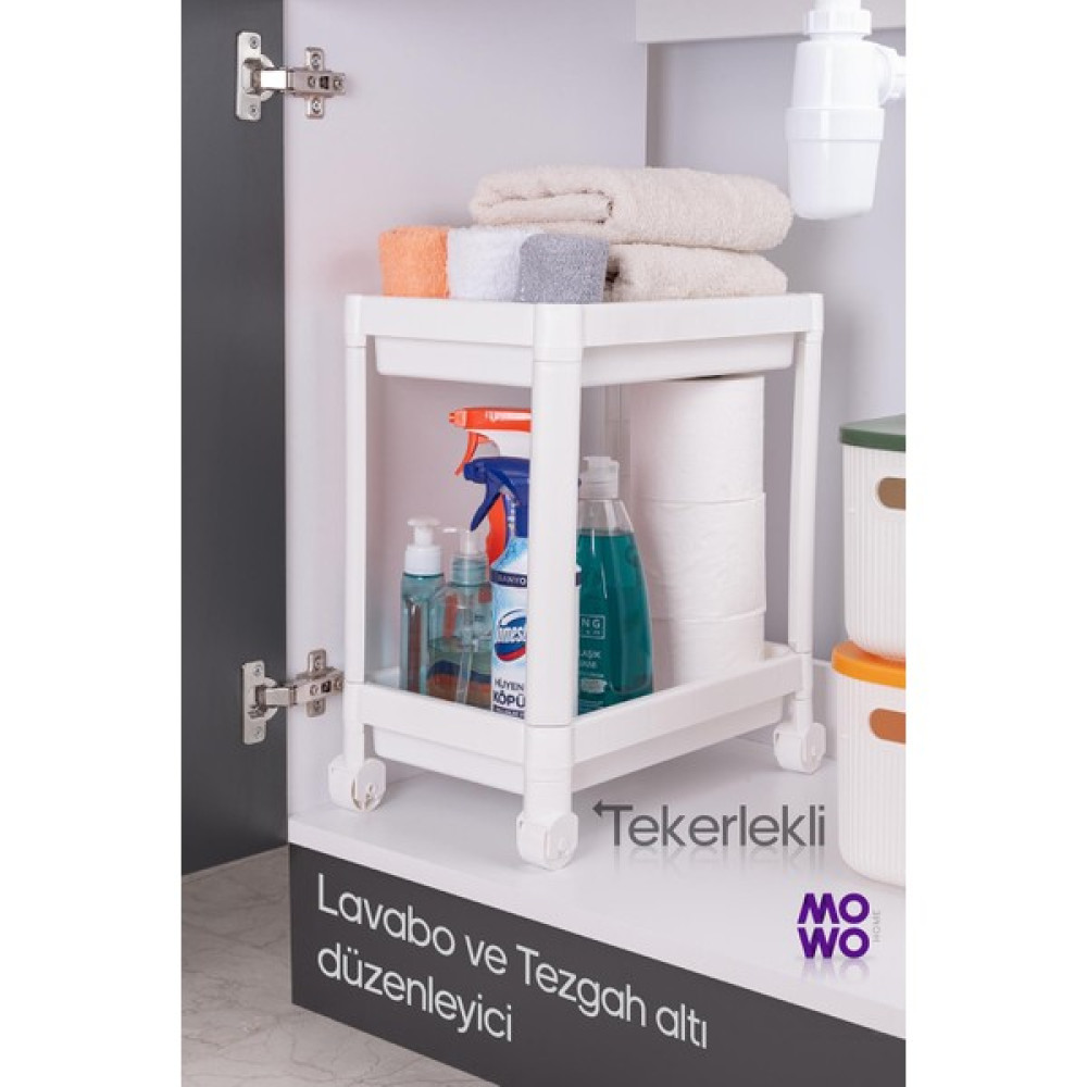 Mowo Home 2 Katlı Tekerlekli Düzenleyici Raf Beyaz, Banyo Dolabı, Mutfak Tezgah ve Evye Altı, Deterjanlık Eşya Saklama / Düzenleme Fiyatı