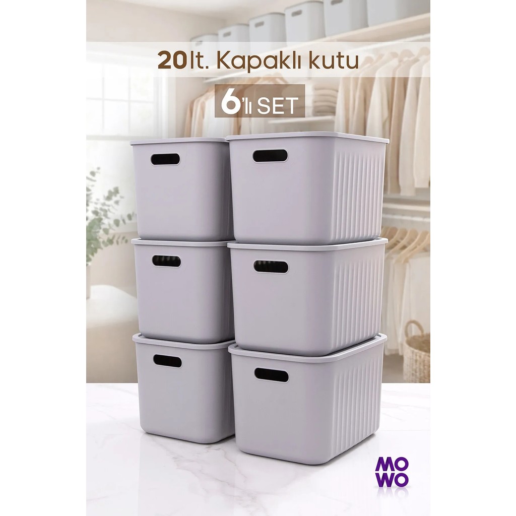 Mowo Home Bigbox 20 Lt 6'lı Gri Dolap Düzenleyici Kapaklı Saklama Kutusu Sepet Organizer Oyuncak Kutusu Anne Bebek Oyuncak Fiyatı