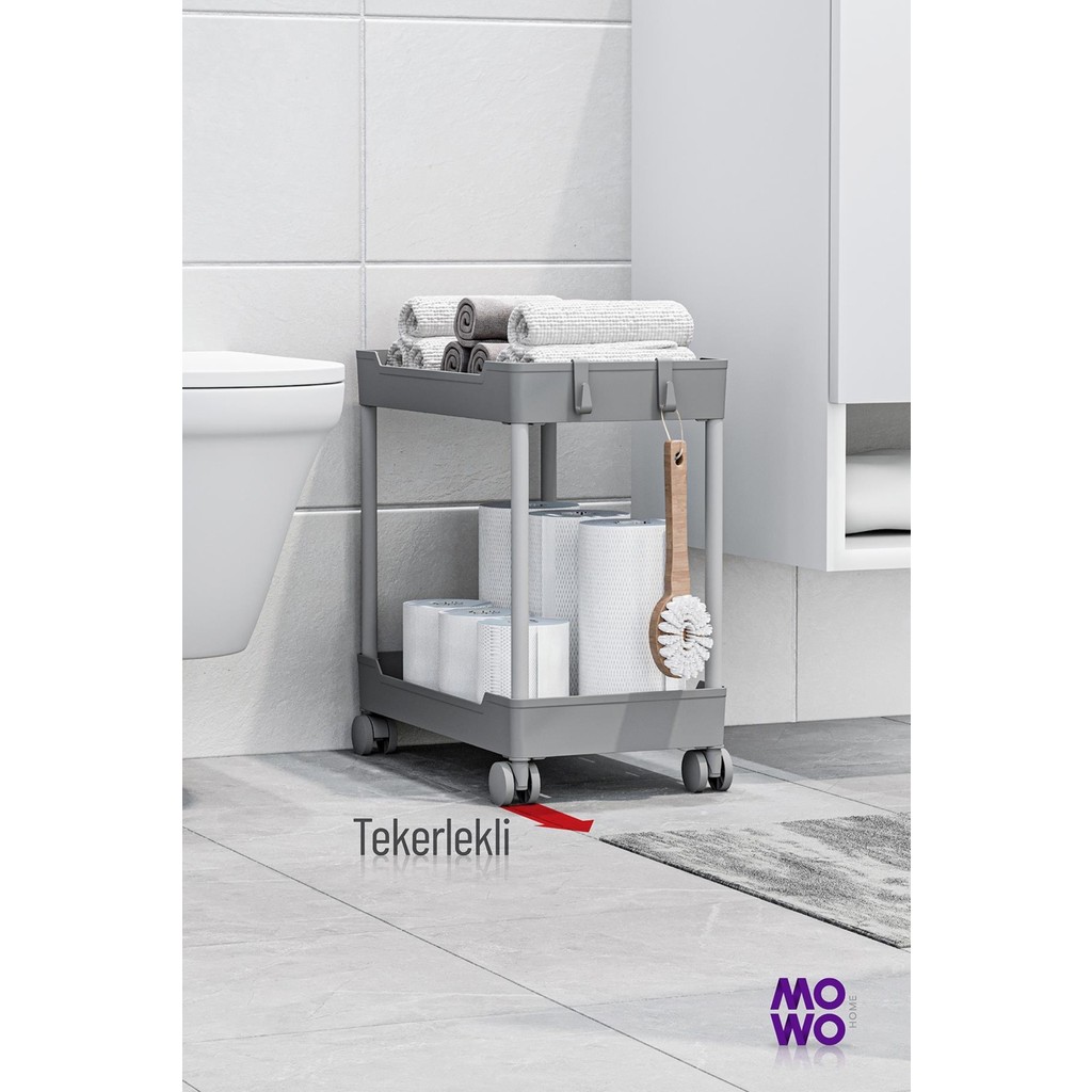 Mowo Home Mowo 2 Katlı Tekerlekli Banyo Rafı Tuvalet Kağıtlık Havluluk Deterjanlık Makyaj Organizer - Gri El / Yüz Havlusu Fiyatı