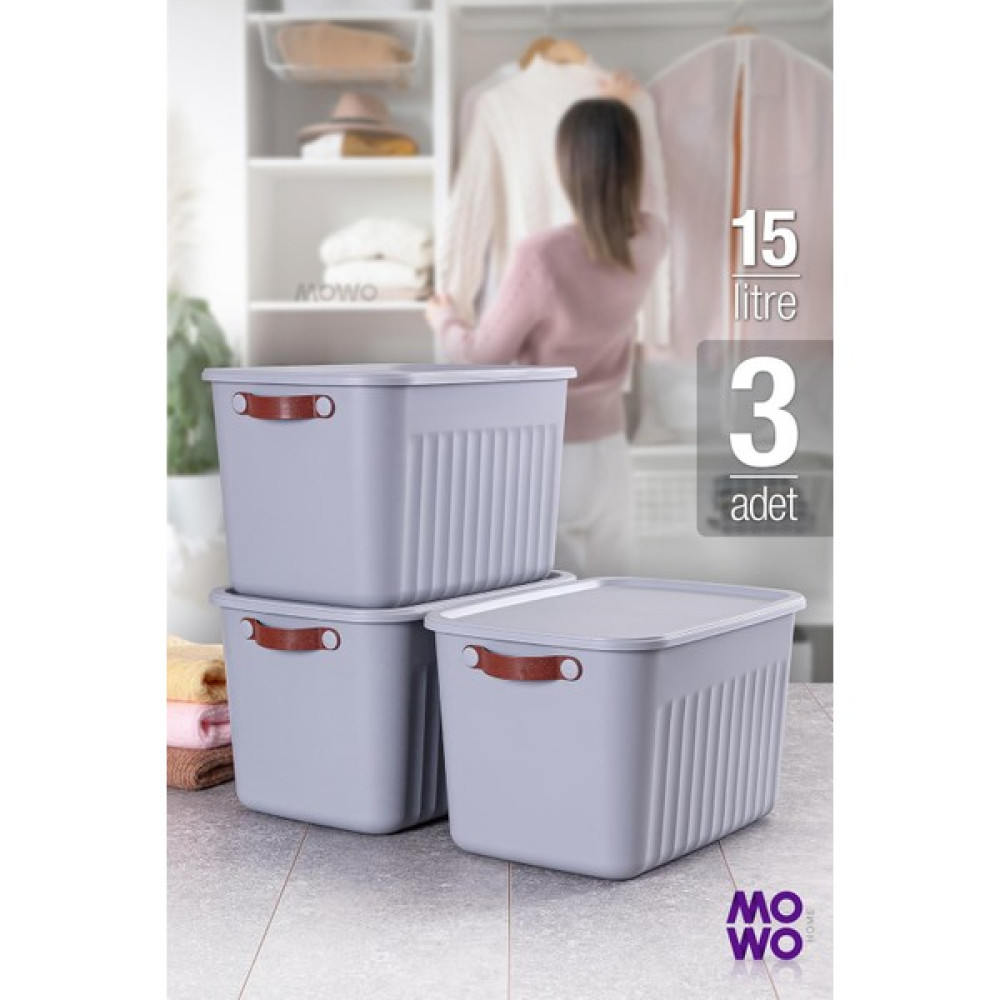 Mowo Home Storage Box Gri 3 Adet 15 Lt Çok Amaçlı Düzenleyici Kapaklı Kutu, Dekoratif Saklama Kutusu, Organizer Eşya Saklama Kutusu Fiyatı