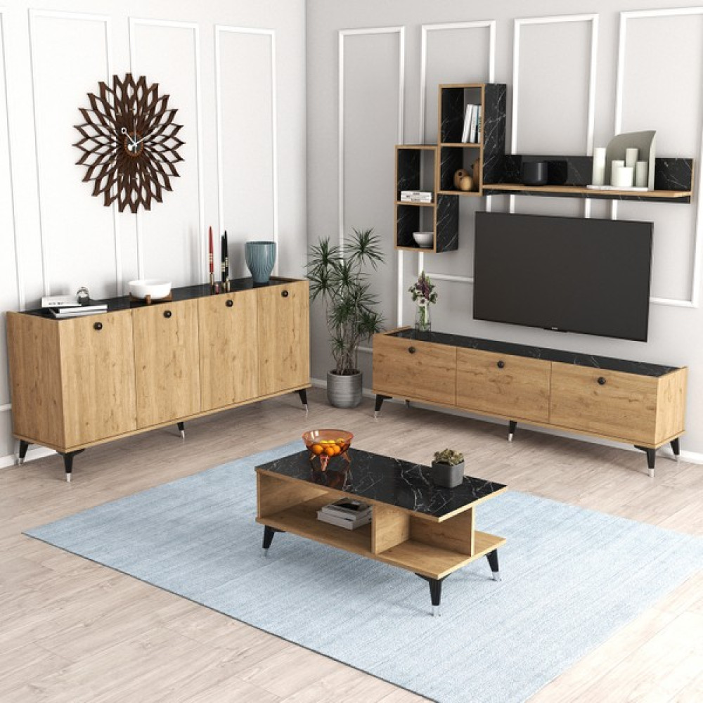 Moxen Mobilya Mtsk2 Mira Tv Ünitesi Raflı Dolaplı Orta Sehpası ve Konsol Takımı /yemek Odası Sepet-Bendir - 180*82*45 cm - Ceviz Konsol Mobilya Fiyatı