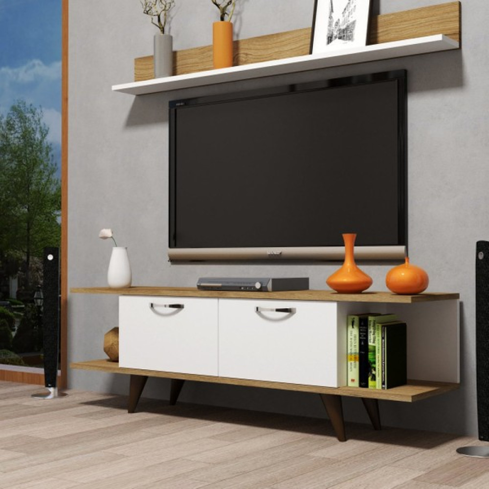 Moxen Mobilya T3 Duvar Raflı Tv Sehpası - Kitaplıklı Tv Ünitesi Modern Ceviz Beyaz Tv Ünitesi / Sehpası Fiyatı