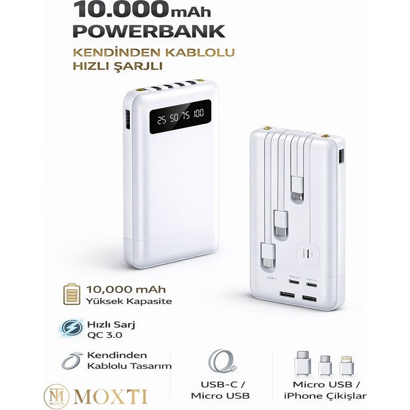 Moxti 10.000 Mah Prime Dijital Göstergeli Dahili Çoklu Kablolu Powerbank,taşınabilir Şarj Cihazı - Beyaz Taşınabilir Şarj Cihazı - Powerbank Fiyatı