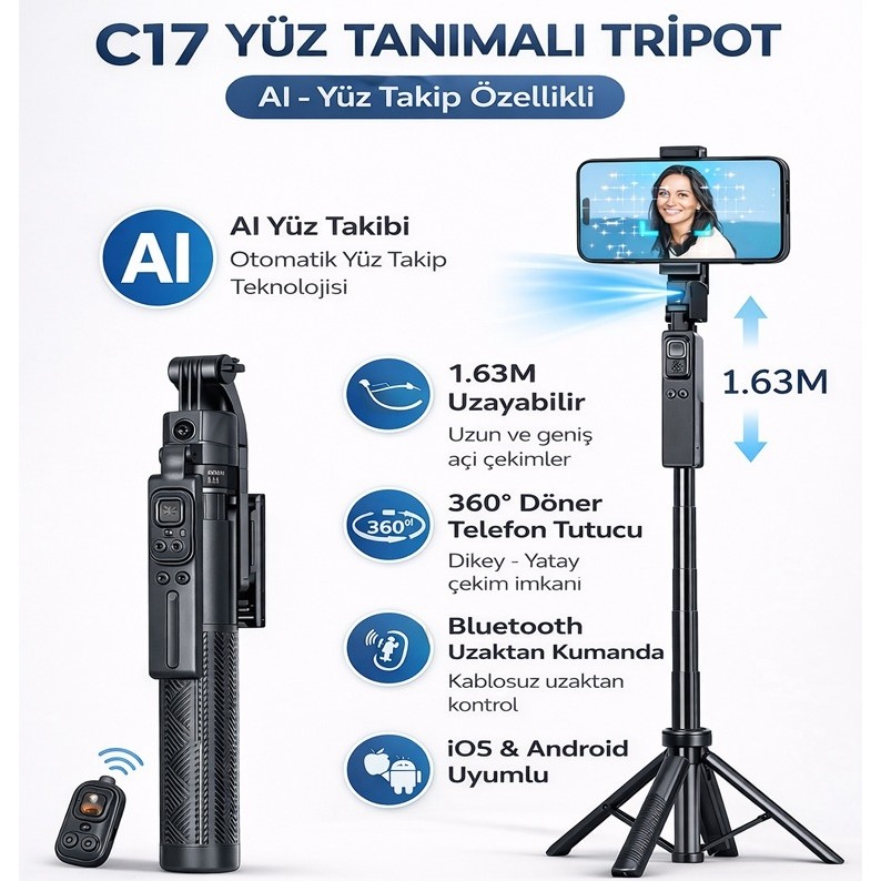 Moxti Yüz Oto Takip Sistemli Çok Amaçlı Bluetooth Kumandalı Akıllı Tripod + Selfie Çubuğu - Siyah TV Aksesuarları Fiyatı