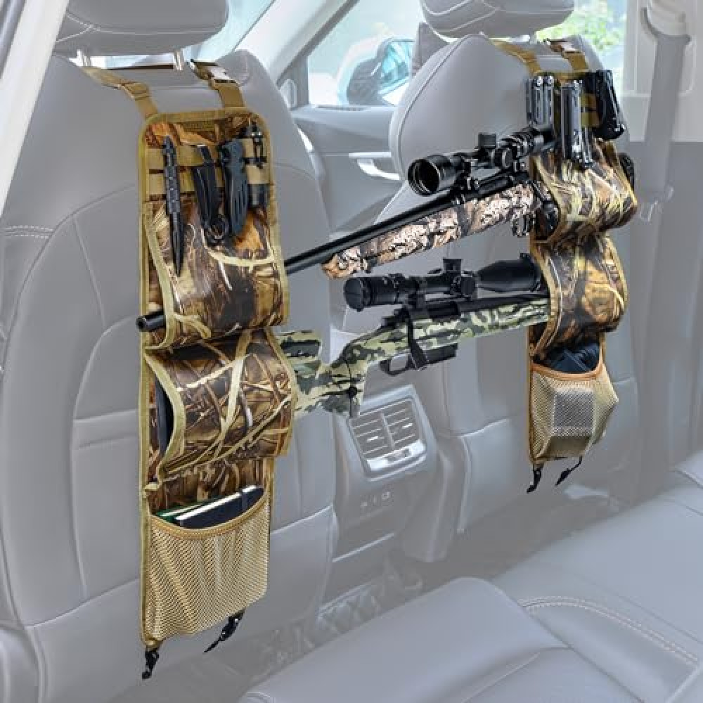 MOZETO Seat Back Gun Rack, 900D Adjustable Truck Seat Gun Holder for Hunting Rifles Shotguns with Mesh Storage Pockets & MOLLE Webbing