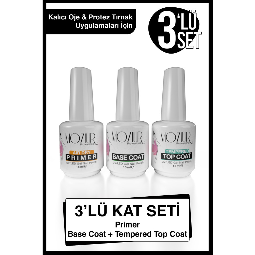 MOZIUR Primer Base Coat Top Coat 15ml 3lü Kat Seti Oje Fiyatı